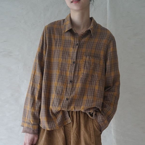 

johnature cotton linen retro plaid all-match shirts autumn loose leisure turn-down collar single breasted women shirt 210521, White