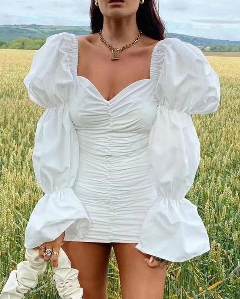 

dress autumn women white purple square collar lantern sleeves ruched fold buttock outfit solid mesh dress, Black;gray