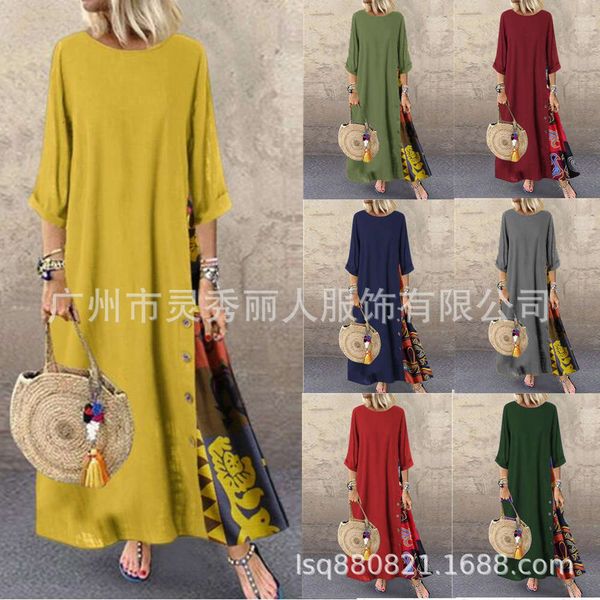 

autumn floral round neck contrast button stitched 3 / 4 sleeve dress, Black;gray