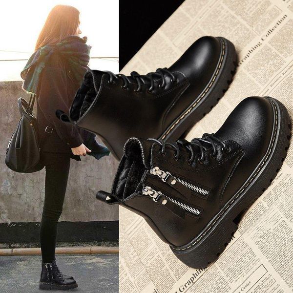 

boots zeekson england plus cashmere women 2021 winter wild student thick-soled short women's warm cotton shoes, Black