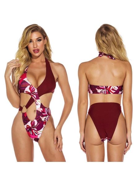 

women red one-piece swimsuit bikini neck strap waist hollow out flower printing x3ua suits