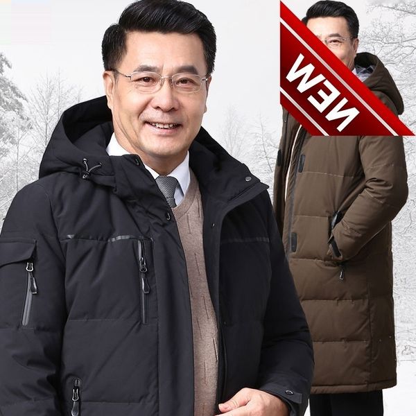 

winter middle-aged men's white duck down jacket hoodies windbreak parkas outerwear thick warm russian jackets dad gift -30c, Black