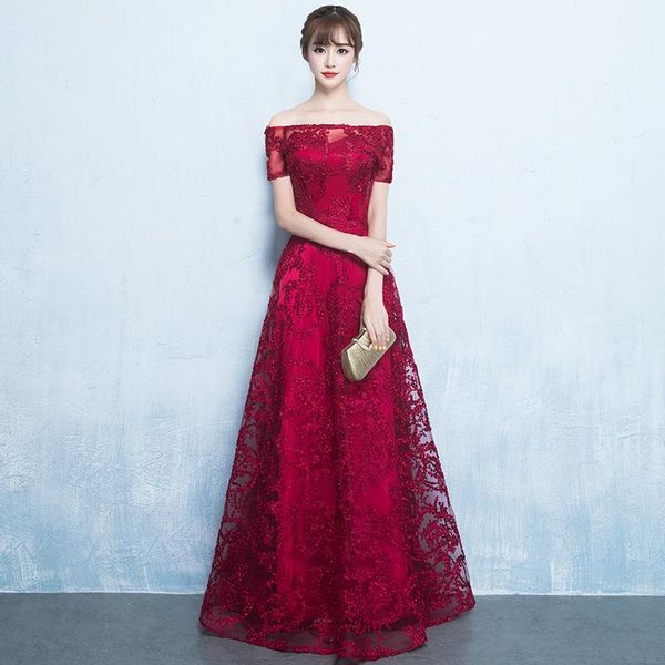 

women off shoulder full length appliques cheongsam elegant evening party gowns royal classic red bridesmaid wedding dress ethnic clothing