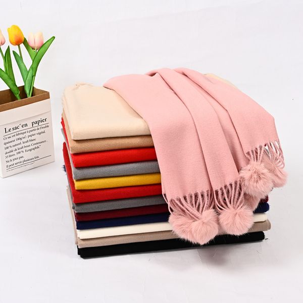 

wool ball women's winter imitation cashmere solid color scarf warm and simple double-sided dual-purpose korean shawl, Blue;gray