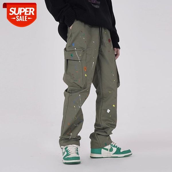 

harajuku painted streetwear cargo pants mens drawstring wide leg casual pocket trousers high street loose track #cw2t, Black;white
