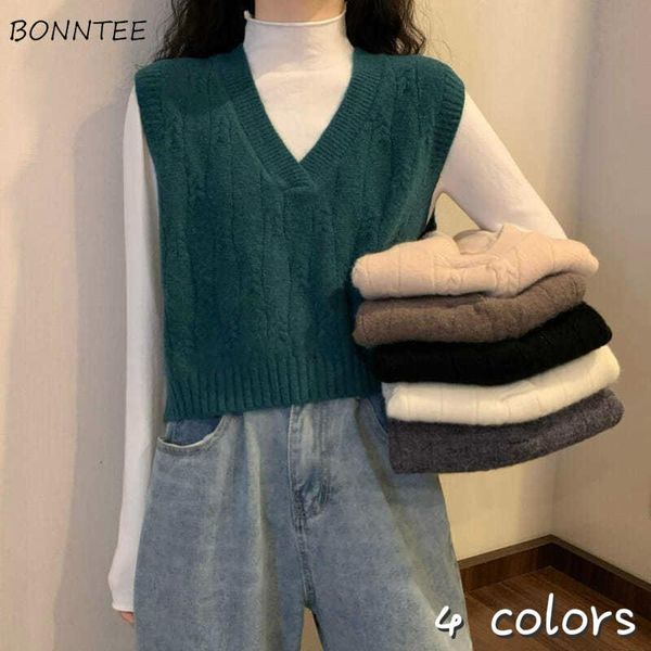 

women's vests sweaters vest daily knitting college cropped all-match pure lady clothing green basic teenagers korean style sleeveless, Black;white