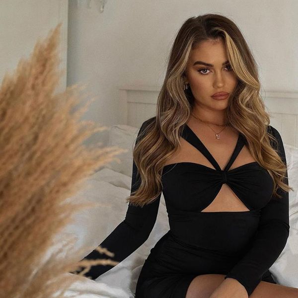 

casual dresses [shesrim] pure black long-sleeved hollow woman fashion slim club street trend mini dress, Black;gray