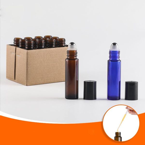 

12pcs 5ml/10ml brown/blue glass roll on bottle for essential oils,refillable perfume containers with stainless steel roller ball storage bot