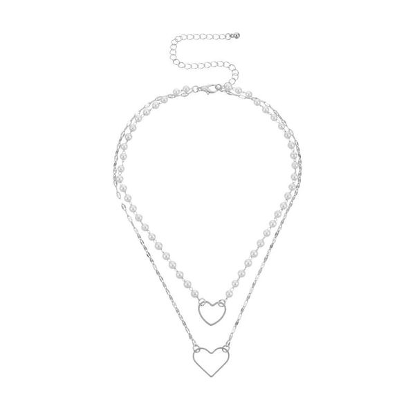 

chains fashion heart-shaped pendant women's necklace double-layer white pearl temperament wholesale jewelry necklaces for women, Silver