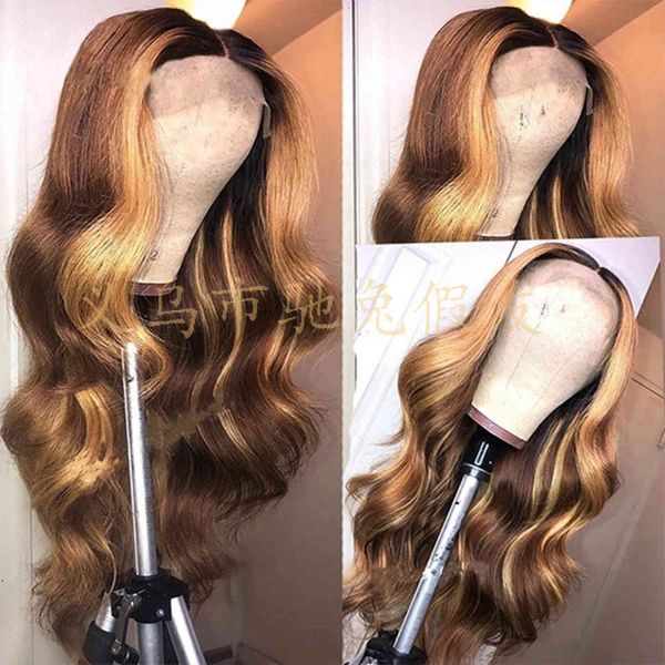 

machine made chemical fiber hair wig headcover women's medium long curly brown gradient golden, Black;brown
