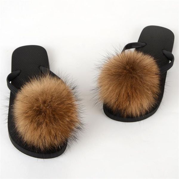

slippers women's summer real hair ball flat bottomed flip flops, Black