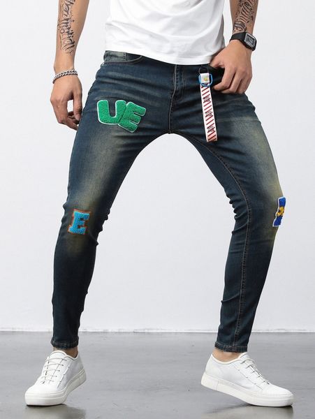 

men letter patched bleach wash skinny jeans v62z#, Blue