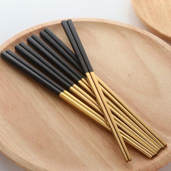 

pairs chopsticks stainless steel chinese gold set black metal chop sticks used for sushi dinnerware