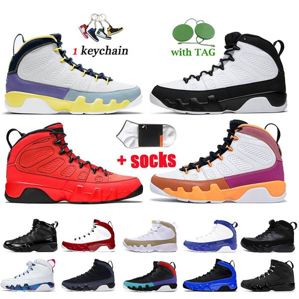 

Top Fashion Mens Basketball Shoes Good Quality Jordon 9 9s Sports Trainers Iridescent Racer Blue Oregon Ducks Bred University Gold Change The World Gym Red Sneakers, # 40-47