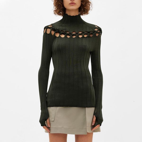 

women's knits & tees autumn hollowed out high neck knitted sweater women slim long sleeve solid color elegant bottoming, White
