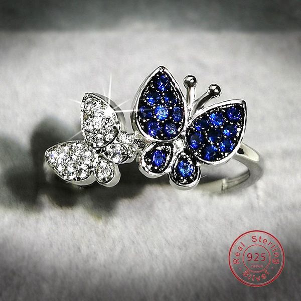 

cluster rings luxury sapphire crystal for women shine butterfly 925 sterling silver cocktail weddings party jewelry gifts, Golden;silver