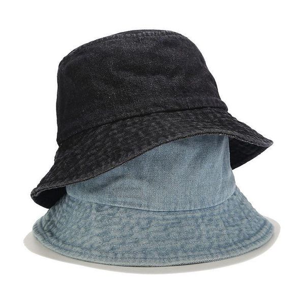 

men women fisherman hat casual solid color denim wash basin caps korean big along bucket japanese wide brim hats, Blue;gray