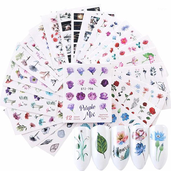 

24pcs nail art water transfer sticker diy manicure mixed floral geometric designs girl sticker1, Black