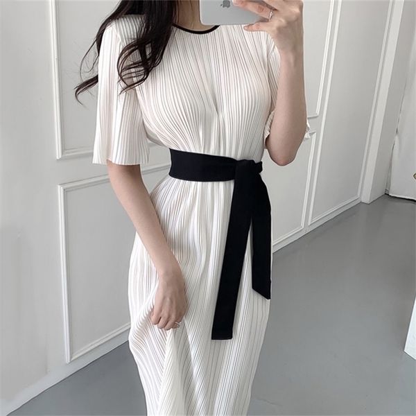 

summer fashion women vintage loose high waist slim was thin elegant folds maxi dress vestidos 210517, Black;gray