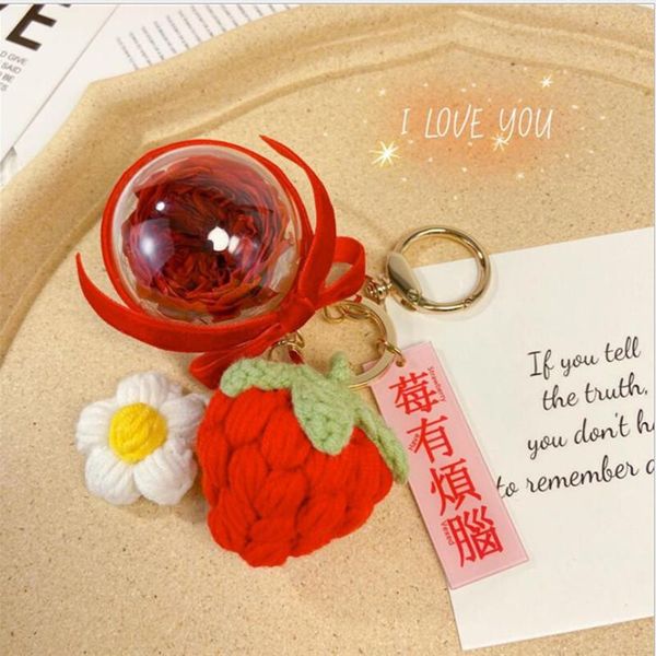 

keychains chinese style creative eternal flower pendant strawberry girl hear bag gift car key chain ornament, Silver
