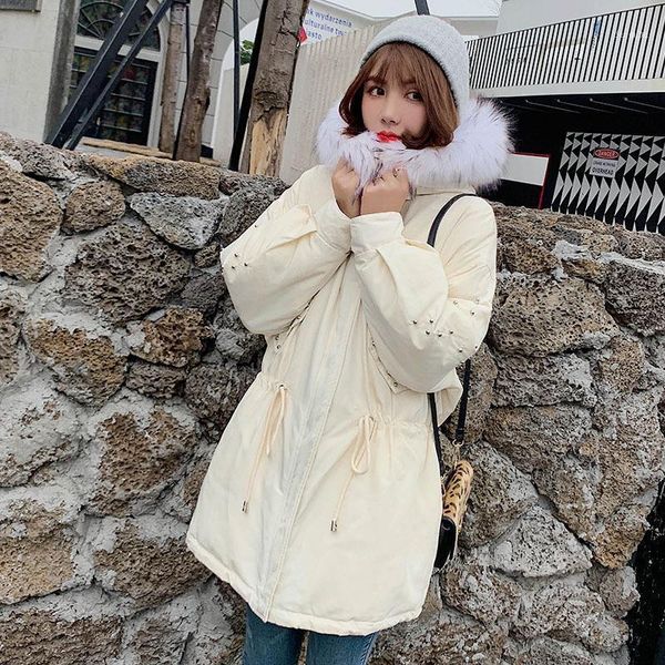 

long down jacket women winter with hooded slim white duck padded warm korean coat big raccoon fur collar jackets1, Black