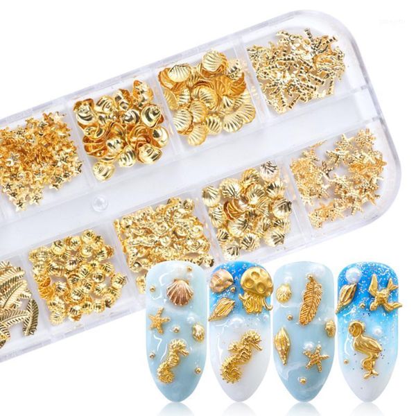 

gold nail art alloy studs seaside 3d decorations sea shell star feathers charm metal frame rivets sequin accessories be25-11, Silver;gold