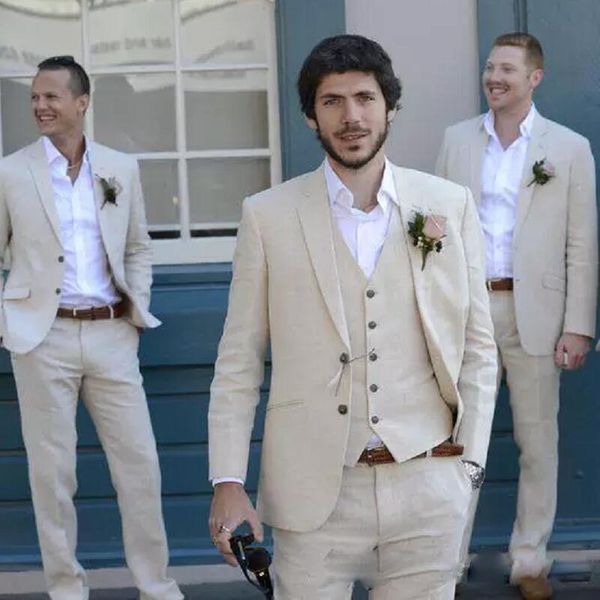 

beige beach linen mens suits for wedding 3 piece jacket vest with pants groom tuxedo fashion costume 2021 men's & blazers, White;black