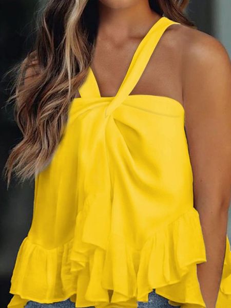 

women's tanks & camis 2021 summer casual clothing vest strapless white t-shirt plain halter ruffled hem sleeveless yellow camisole