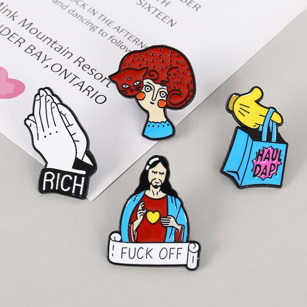 

cartoon spoof jesus christianity brooch pins funny zinc alloy make a rich wish gesture brooches for girls xmas gift badges bag pin various b, Blue