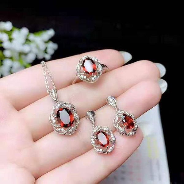 

chains fashionable inlaid imitation natural garnet woman stone set simple personality ring pendant earrings men and women holiday gifts, Silver