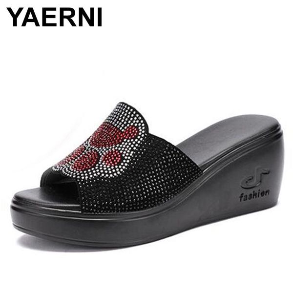 

slippers yaerni big size 35-40 women sandals rhinestones flat shoes mother summer outside fashion, Black