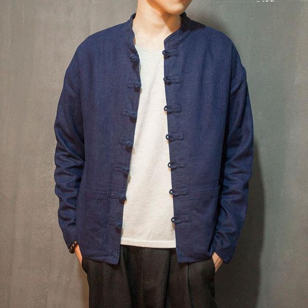 

ethnic clothing autumn chinese style men's stand collar jacket long sleeve coil buckle outerwear cotton linen national hanfu coat tang, Red