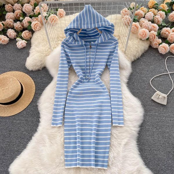 

casual dresses korean college style hooded zipper slim short dress autumn retro striped long-sleeved knitted sweater women, Black;gray
