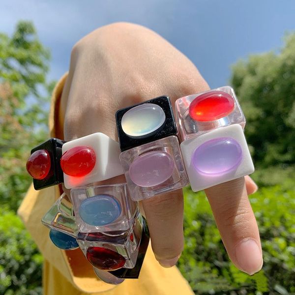 

wedding rings luokey summer elegant colorful transparent resin statement for women geometric acrylic square ladies jewelry, Slivery;golden