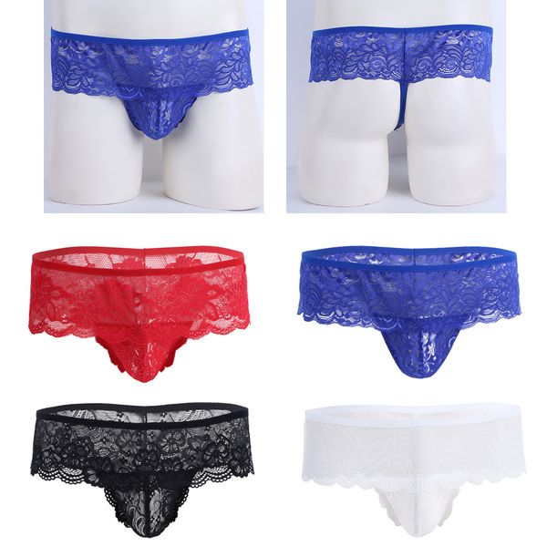 

mens gay lacework lingerie open butt see through lace floral sissy pouch g-string bikini briefs underwear homme panties, Black;white