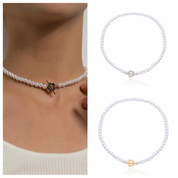 

chokers aide copper clavicle necklace for girl women fresh imitation pearl chain flower choker luxury birthday gift collares, Golden;silver