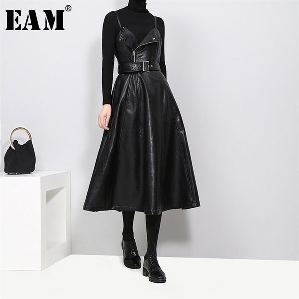 

[eam] new spring autumn solid color strapless black pu leather high waist belt zipper loose dress women fashion tide jd032 210323, Black;gray