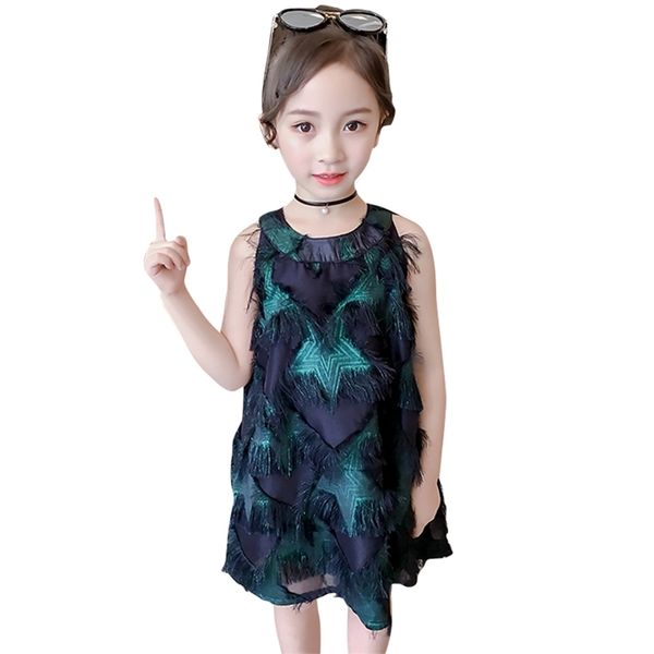 

girl dress star pattern party for kids patchwork child summer clothes s 6 8 10 12 14 210528, Red;yellow