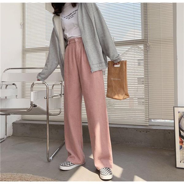 

women's pants & capris 2021 straight women trousers elegant vintage solid high waist jeans casual korean style loose wide leg ladies, Black;white