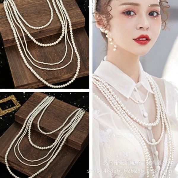 

multi layer pearl necklace bridal modeling wedding dress accessories, Silver