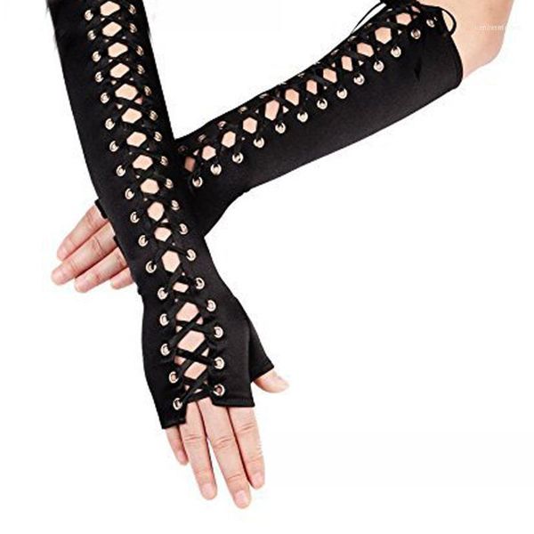 Fünf Finger Handschuhe Schwarz Lace Up Fingerlose Ellenbogen Steampunk Für Damen Kostüm Party Arm Wärmer Sexy Fäustlinge Clubwear Cosplay Zubehör1