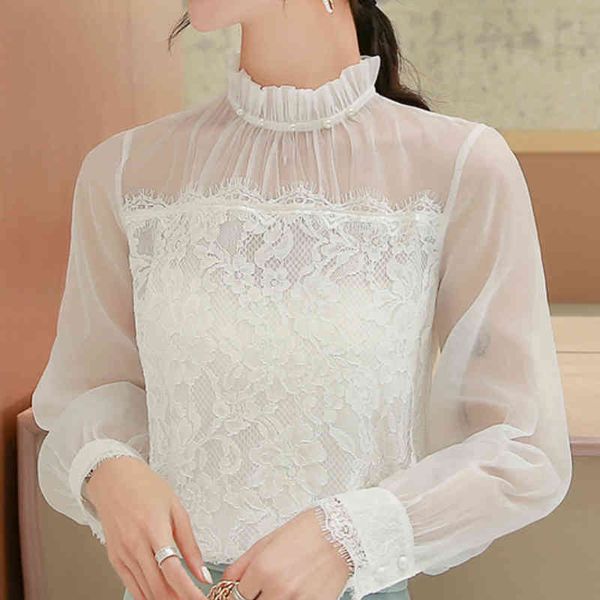 

blusas mujer de moda womens and blouses beading ruffled collar blouse women long sleeve lace blouse shirt clothes c559 210426, White