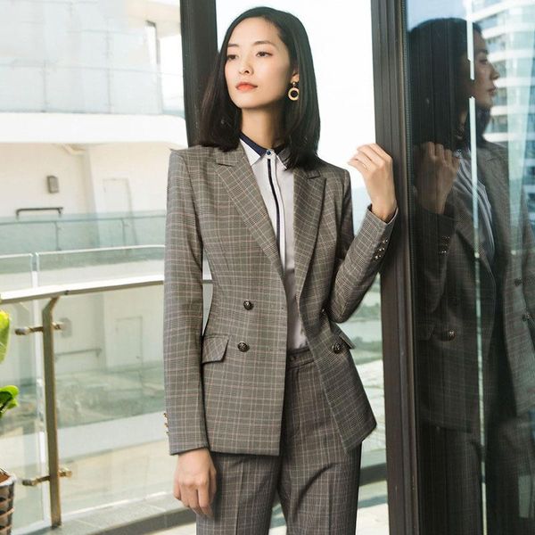 

women's suits & blazers suit 2021 autumn fashion casual temperament slim waist lattice double-breasted small trousers two-piece, White;black