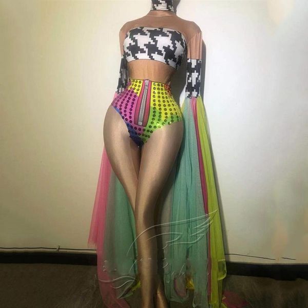 

stage wear rhinestone bodysuit elastic colored hand-sleeved high-fork short one-piece costume women birthday celebrate dress dn9685, Black;red