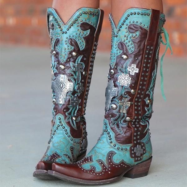 

boots large women's autumn winter 2021 pointed thick heel embroidered print back lace up middle leather, Black