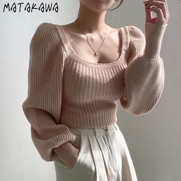 

matakawa square-neck women's sweaters slim sweaters korean chic autumn and winter pullovers lantern sleeve warm knitted sweater 210513, White;black