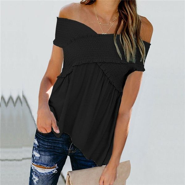 

ladies v neck solid off shoulder blouse women summer fashion shirt stretch blouses shirts high street female clothes women's, White