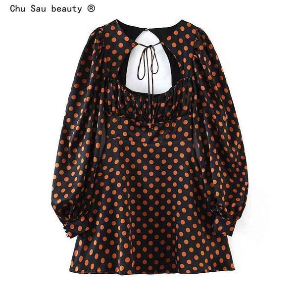 

spring autumn women street style vintage hollow backless puff long sleeve polka dot print high waist mini dresses 210508, Black;gray