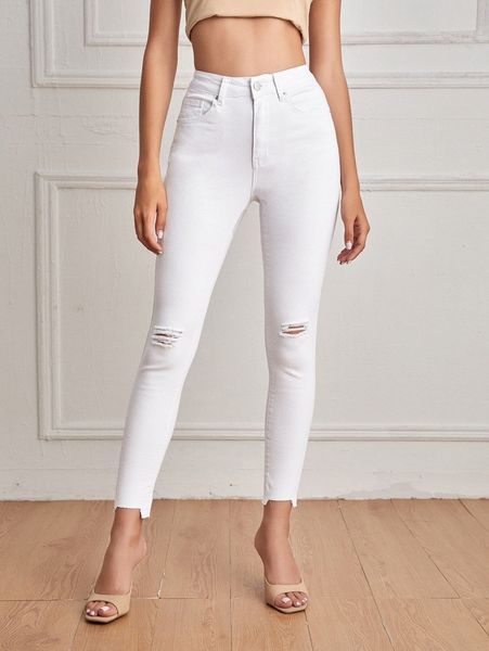 

high waist ripped raw hem skinny cropped jeans r8j1#, Blue