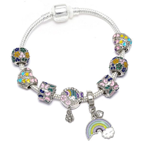 

16-21cm new charm bracelet 925 silver fit pandora european bracelets flowers in clusters pendant petal bead rainbow charm bead accessories d, Black